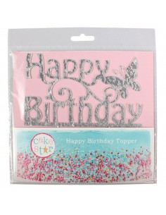 Topper Happy Birthday purpurina plata