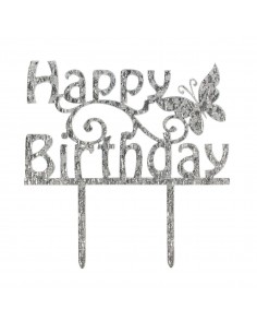 Topper Happy Birthday purpurina plata 2