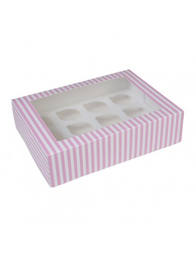 Caja 12 cupcakes blanca rayas rosas