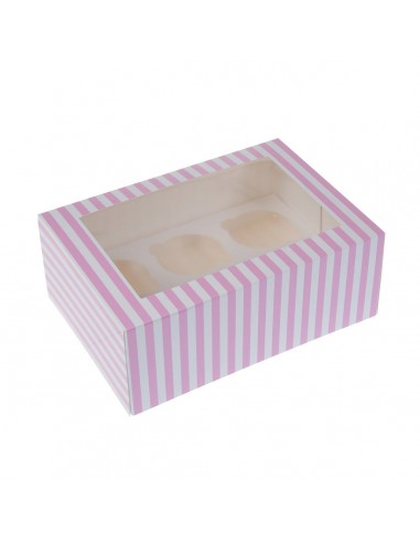 Caja 6 cupcakes blanca rayas rosas