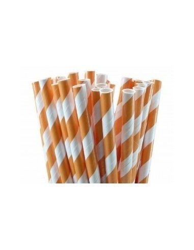 Pack 25 pajitas de papel con rayas naranjas