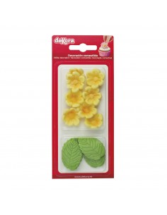 Flores de azúcar amarillas y hojas Dekora