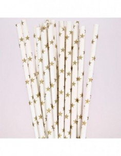 Pack 25 pajitas de papel blancas con estrellas doradas 2