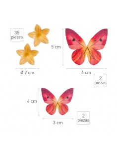 Mini flores amarillas y mariposas rojas oblea 2