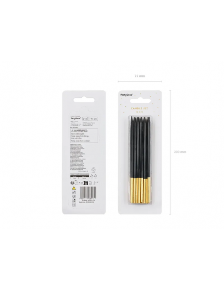 12 Velas Negras - Oro 14 cm