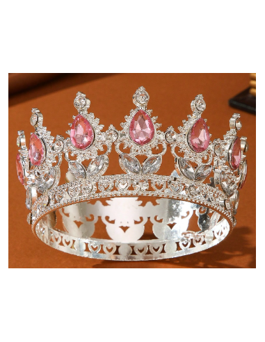 Corona Metálica Plateada con Piedras Rosas