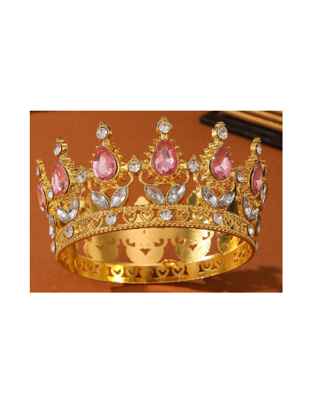 Corona Metálica Dorada con Piedras Rosas