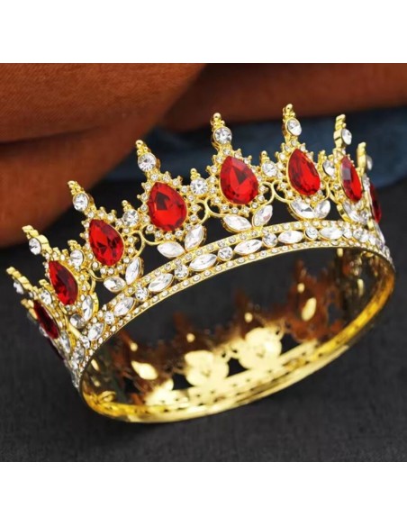Corona Metálica Dorada con Piedras Rojas 12cm