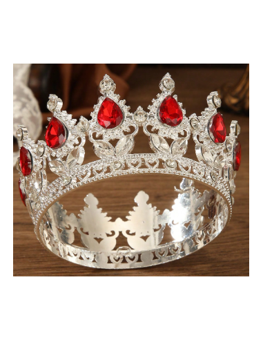 Corona Metálica Plateada con Piedras Rojas