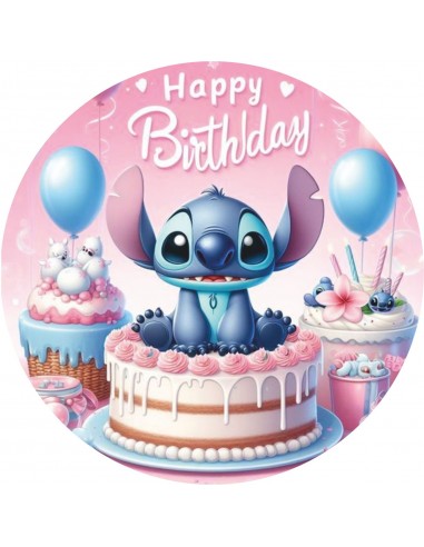 Papel de azúcar Stitch Happy Birthday para tarta 20cm