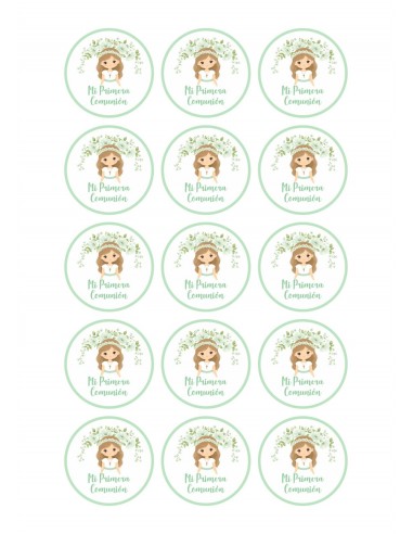 Papel Comestible Niña de Comunión Floral Verde para Galletas