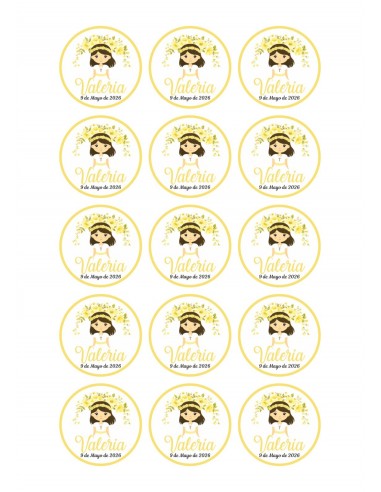 Papel Comestible Niña de Comunión Floral Amarillo Personalizado para Galletas