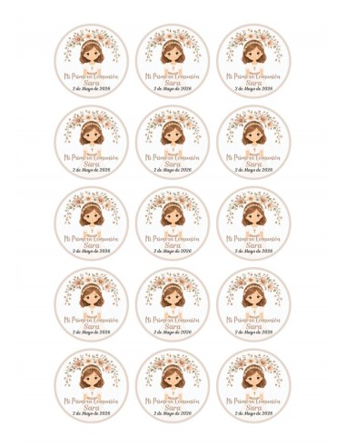 Papel Comestible Niña de Comunión Floral Marrón Personalizado para Galletas