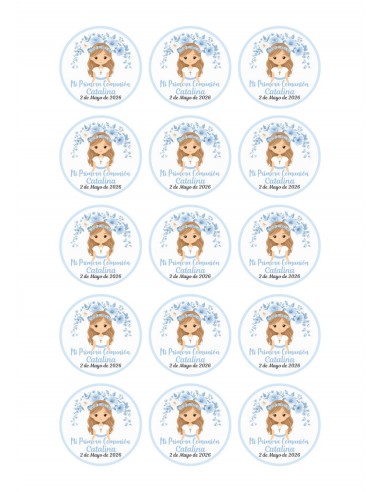 Papel Comestible Niña de Comunión Floral Azul Personalizado para Galletas