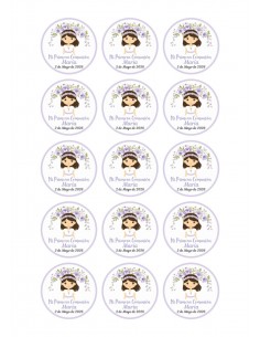 Papel Comestible Niña de Comunión Floral Lila Personalizado para Galletas