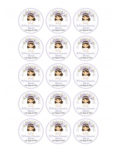Papel Comestible Niña de Comunión Floral Lila Personalizado para Galletas