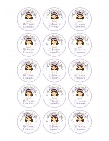 Papel Comestible Niña de Comunión Floral Lila para Galletas