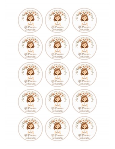 Papel Comestible Niña de Comunión Floral Marrón para Galletas