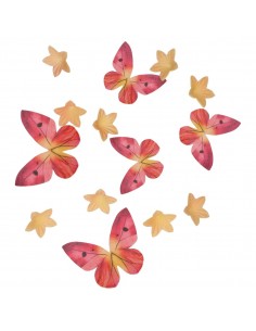Mini flores amarillas y mariposas rojas oblea