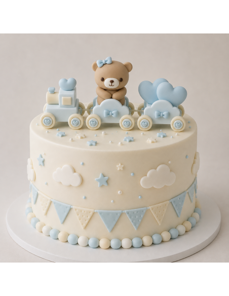 Tren Decorativo Azul con Osito para Tartas