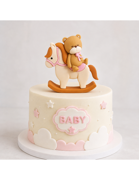 Osito en Caballito Balancín Decorativo Rosa para Tartas
