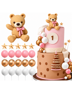 Set Oso Rosa, Bolas y Estrellas para Tartas