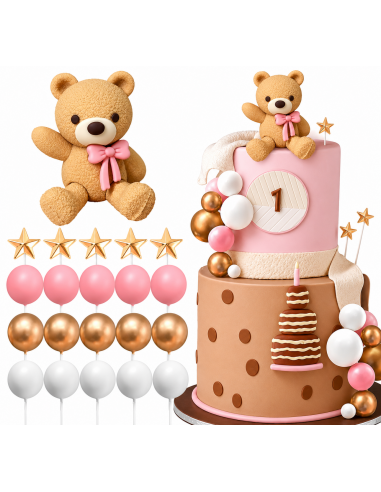 Set Oso Rosa, Bolas y Estrellas para Tartas