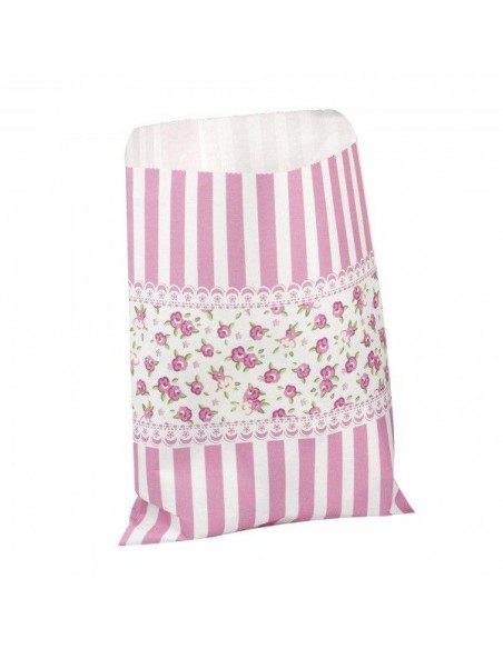 Pack de 10 bolsas de papel con rayas y flores en tono rosa