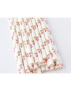 Pack de 25 pajitas de papel blanco con cerezas 2