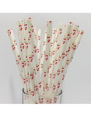 Pack de 25 pajitas de papel blanco con cerezas