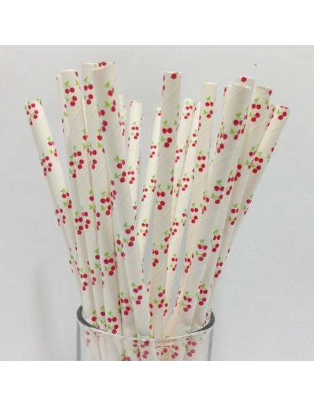 Pack de 25 pajitas de papel blanco con cerezas