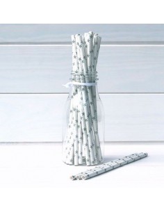Pack 25 pajitas de papel blancas con estrellas plata