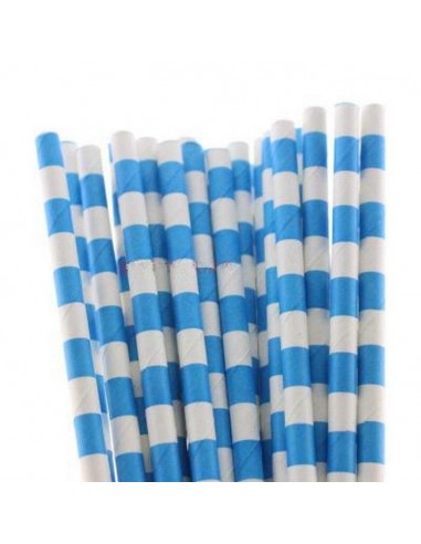 Pack 25 pajitas de papel blancas con rayas horizontales azules