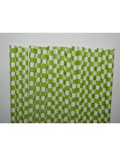 Pack 25 pajitas de papel blancas con cuadros verde lima
