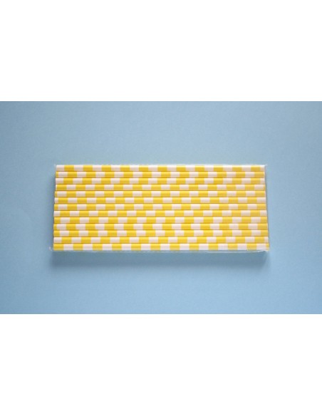 Pack 25 pajitas de papel blancas con rayas horizontales amarillas
