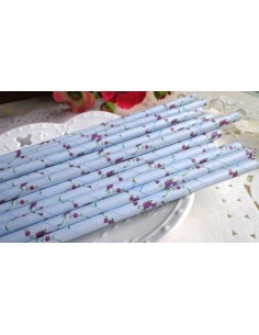 Pack de 25 pajitas de papel de color azul con flores moradas