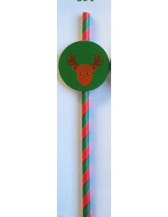 Pack de 25 pajitas de papel de rayas verdes y rojas con toppers de Reno